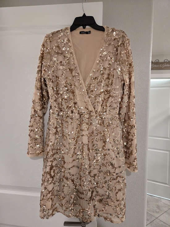 Boohoo Dresses & Skirts - Boohoo Champagne Sequin Wrap Romper Dress Size 12